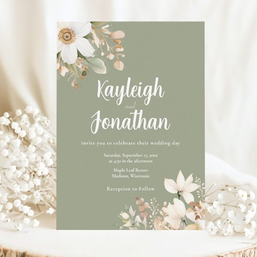 水モダン色フローラセージ結婚グリーン 招待状