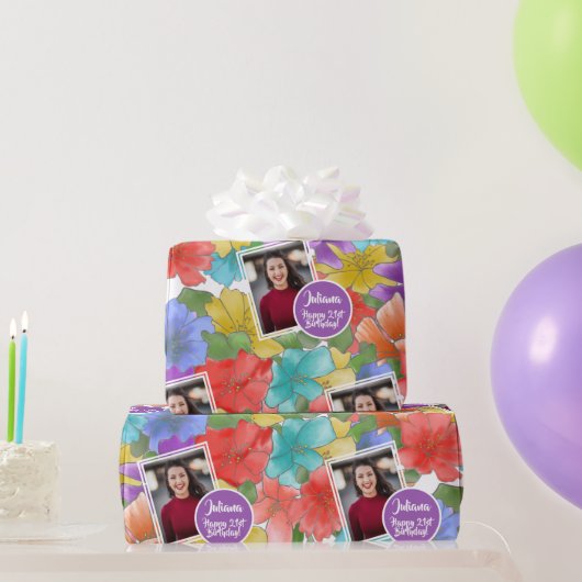 水モダン色フローラハッピー21歳の誕生日の写真 ラッピングペーパー (パーティーギフト)