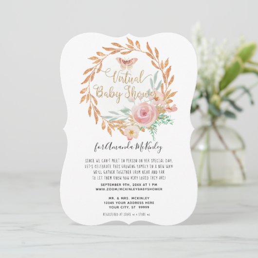 水モダン色フローラバラ金ゴールド仮想シャワー 招待状 (スタンド正面)