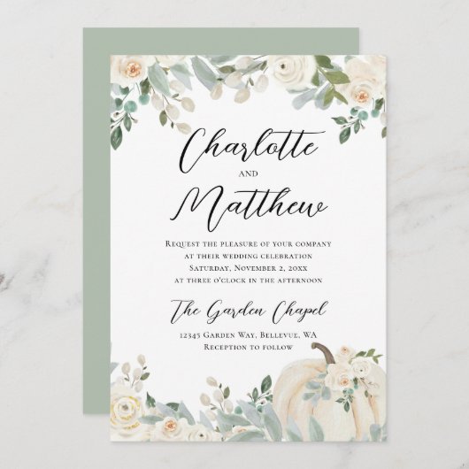 水モダン色フローラパンプキ結婚ン 招待状 (正面/裏面)