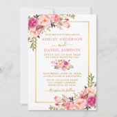 水モダン色フローラピンク赤面結婚金ゴールド 招待状 (正面)
