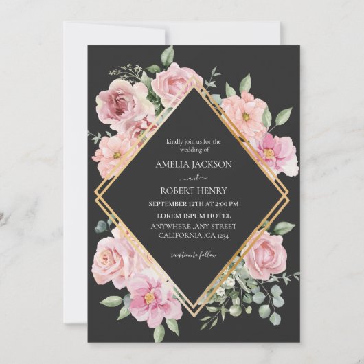 水モダン色フローラブラックと金ゴールド結婚ズ 招待状 (正面)