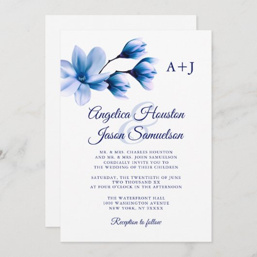 水モダン色フローラブルーネイビーホワイト結婚ズ 招待状 (正面/裏面)