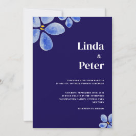 水モダン色フローラブルー結婚ズ 招待状