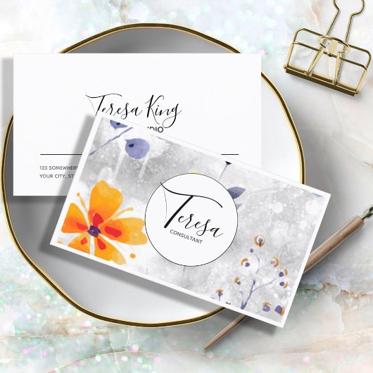 水モダン色フローラブルー/金ゴールドID568 名刺