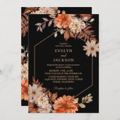 水モダン色フローラ秋の結婚式ブラック 招待状 (正面/裏面)