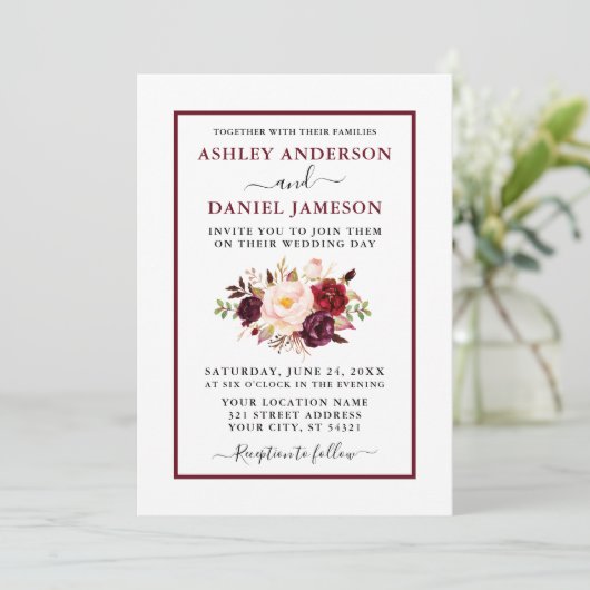 水モダン色フローラ結婚のブルゴーニュ 招待状 (スタンド正面)