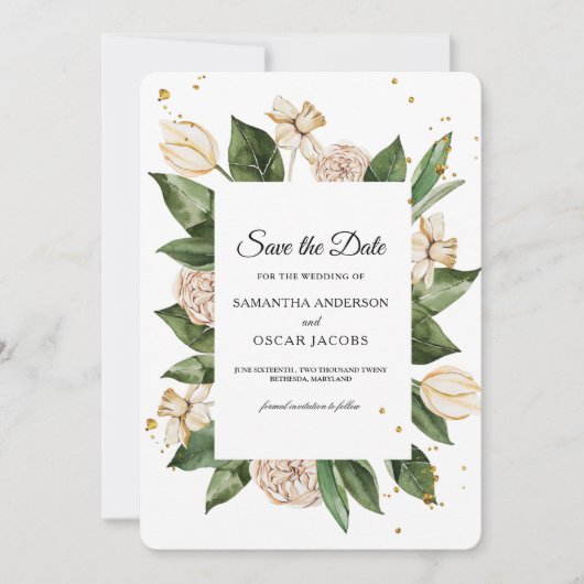 水モダン色フローラ緑と黄色のフレーム セーブザデート (正面)