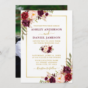 水モダン色ブルゴーニュフローラ写真結婚の 招待状