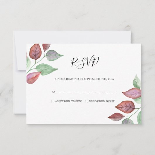水モダン色ブルゴーニュ葉ーズの葉結婚の 出欠カード (正面)