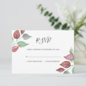 水モダン色ブルゴーニュ葉ーズの葉結婚の 出欠カード (スタンド正面)