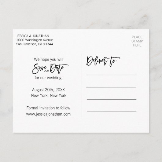 水モダン色ブルーウェディング日付を保存 案内ポストカード (裏面)