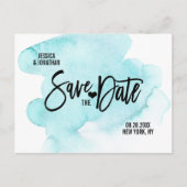 水モダン色ブルーウェディング日付を保存 案内ポストカード (正面)