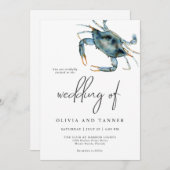 水モダン色ブルーカニビーチ結婚式 招待状 (正面/裏面)