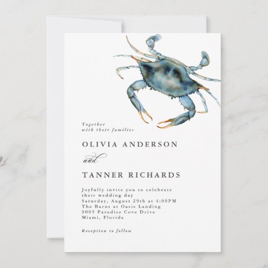 水モダン色ブルーカニ沿岸結婚の 招待状 (正面)