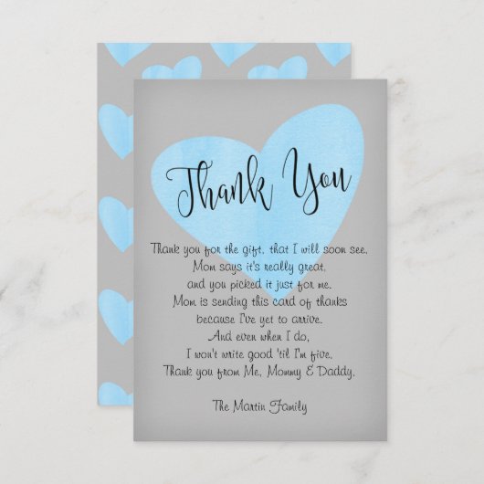 水モダン色ブルーハート男の子ベイビーシャワー サンキューカード (正面/裏面)