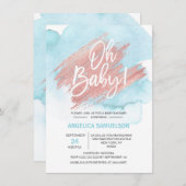 水モダン色ブルーバラ金ゴールドオ赤ちゃんシャワー 招待状 (正面/裏面)