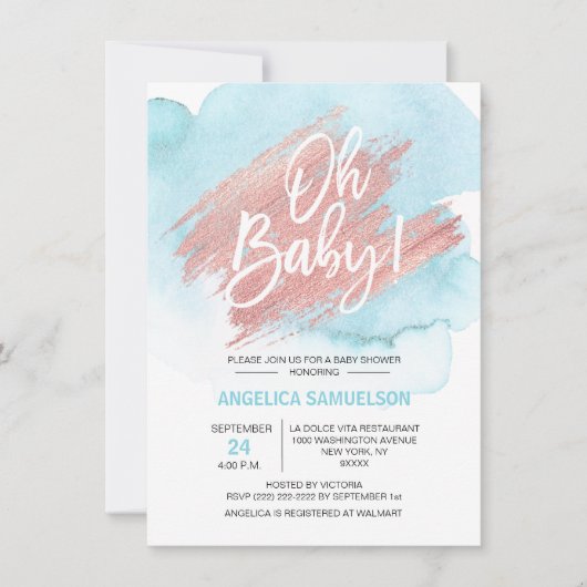 水モダン色ブルーバラ金ゴールドオ赤ちゃんシャワー 招待状 (正面)
