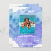 水モダン色ブルーボーイプール誕生日パーティー 招待状 (正面/裏面)