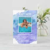 水モダン色ブルーボーイプール誕生日パーティー 招待状 (スタンド正面)