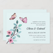 水モダン色ブルーミング庭園の結婚式 招待状 (正面/裏面)