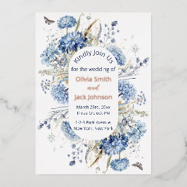 水モダン色ブルーワイルドフラワー結婚ズ 箔招待状