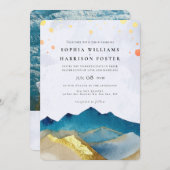 水モダン色ブルー金ゴールド山結婚の写真 招待状 (正面/裏面)