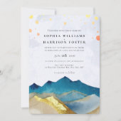 水モダン色ブルー金ゴールド山結婚の写真 招待状 (正面)