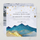 水モダン色ブルー金ゴールド山結婚の写真 招待状 (正面/裏面)