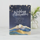 水モダン色ブルー金ゴールド山結婚の写真 招待状 (スタンド正面)