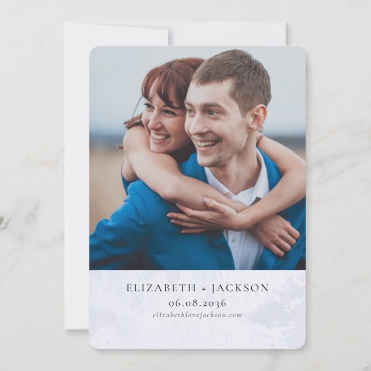 水モダン色ブルー金ゴールド山結婚の写真 招待状 (裏面)