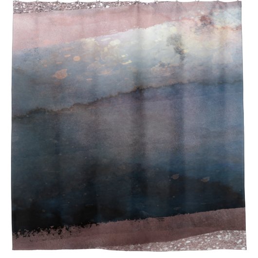 水モダン色ブルー&バラ金ゴールドピンク赤面グラム シャワーカーテン (正面)