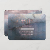 水モダン色ブルー&バラ金ゴールドピンクRSVP返信 出欠カード (正面/裏面)