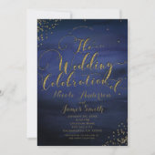 水モダン色ブルー&金ゴールド結婚ズお祝い 招待状 (正面)