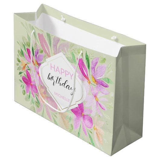 水モダン色ボホ薄紫フローラエレガント ラージペーパーバッグ (正面アングル)