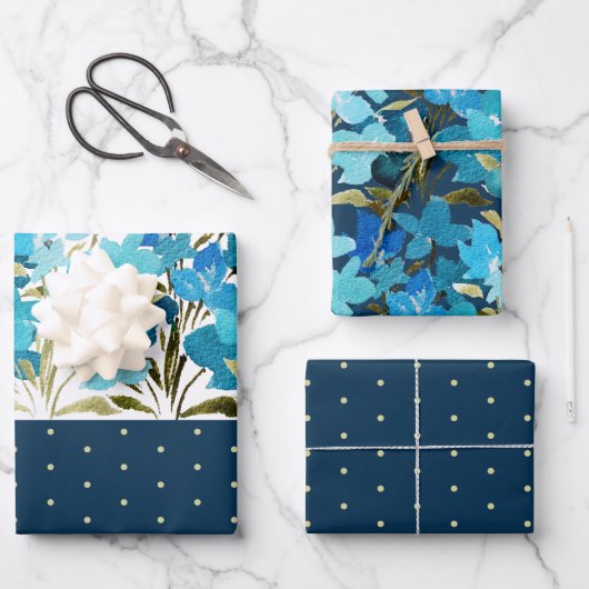 水モダン色ボーホブルーフローラルハンドイ色彩の鮮やかン ラッピングペーパーシート (正面)