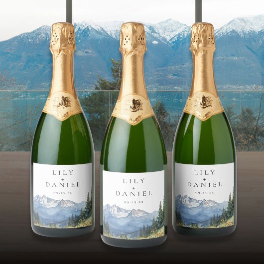 水モダン色マウンテンワイルドフラワー結婚ズ スパークリングワインラベル