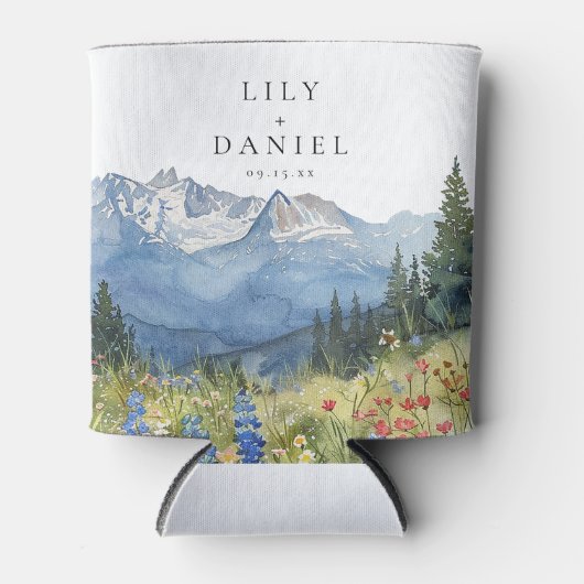 水モダン色マウンテンワイルドフラワー結婚ズ 缶クーラー (正面)