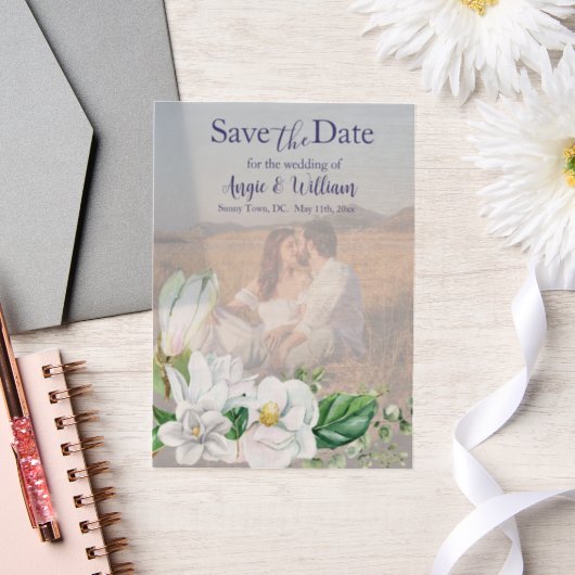 水モダン色マグノリア日付を保存 ベラム紙招待状 (ウェディング)