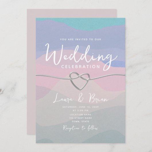 水モダン色ミニマリスト結婚ブルー 招待状 (正面/裏面)