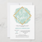水モダン色ミントグリーン金ゴールドオーベイビーシャワー 招待状 (正面)