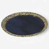 水モダン色ムーディネイビーブルー&金ゴールドズ結婚 ペーパープレート (アングル)