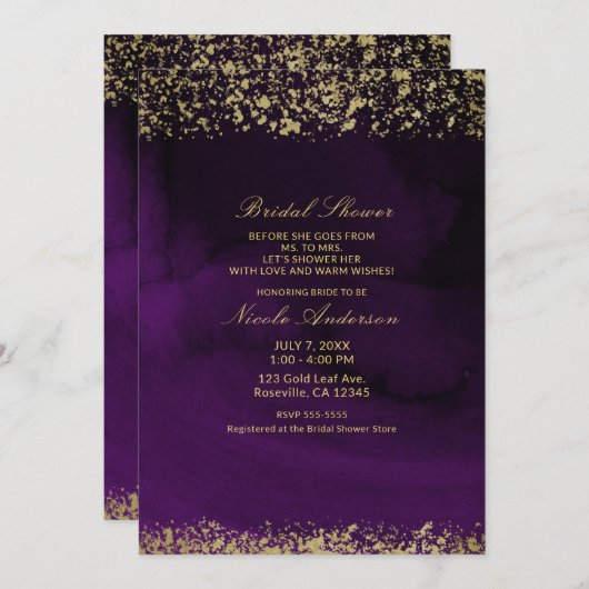 水モダン色ムーディパープル金ゴールドブライダルシャワー 招待状 (正面/裏面)