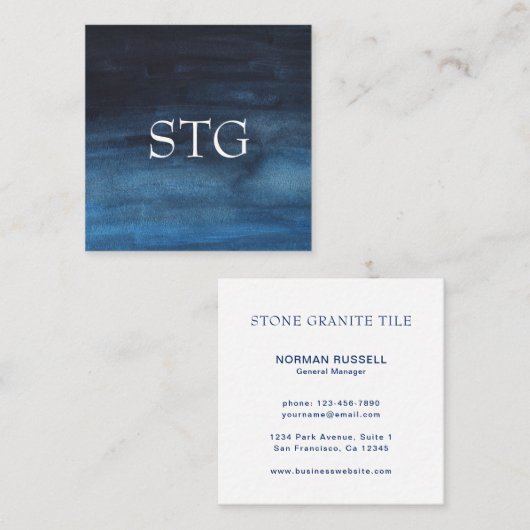 水モダン色モノグラムのロゴNavy Blue スクエア名刺 (正面/裏面)