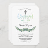 水モダン色ユーカリプタスクロスバプテスマ 招待状 (正面/裏面)