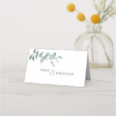 水モダン色ユーカリ結婚スクリプト プレイスカード (裏面)