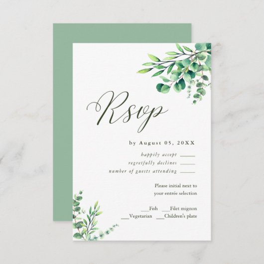 水モダン色ユーカリ緑の結婚式RSVP (正面/裏面)