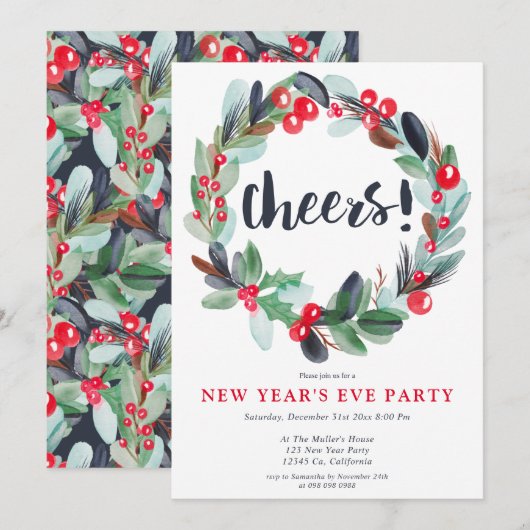 水モダン色リース台本の大晦日 招待状 (正面/裏面)