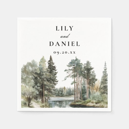 水モダン色レイクフォレストウッドランド結婚ズ スタンダードカクテルナプキン (正面)