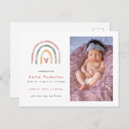 水モダン色レインボーハート誕生 インビテーションポストカード (正面/裏面)